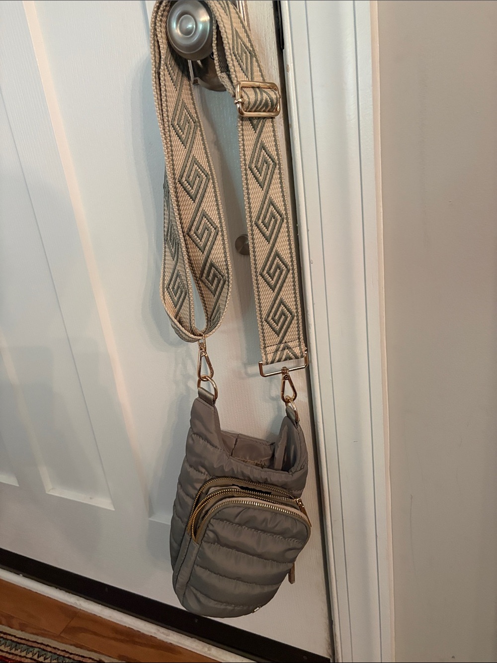 Neutral Gray Quilted Crossbody Bag with Patterned Adjustable Strap